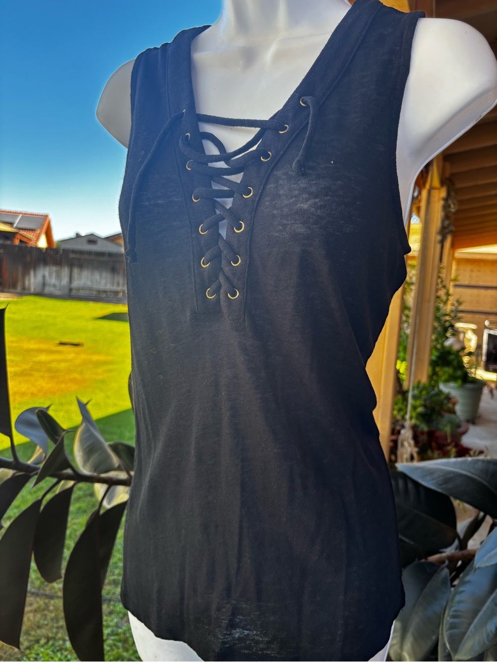 INC International Concepts Black Lace-Up V-Neck Tank